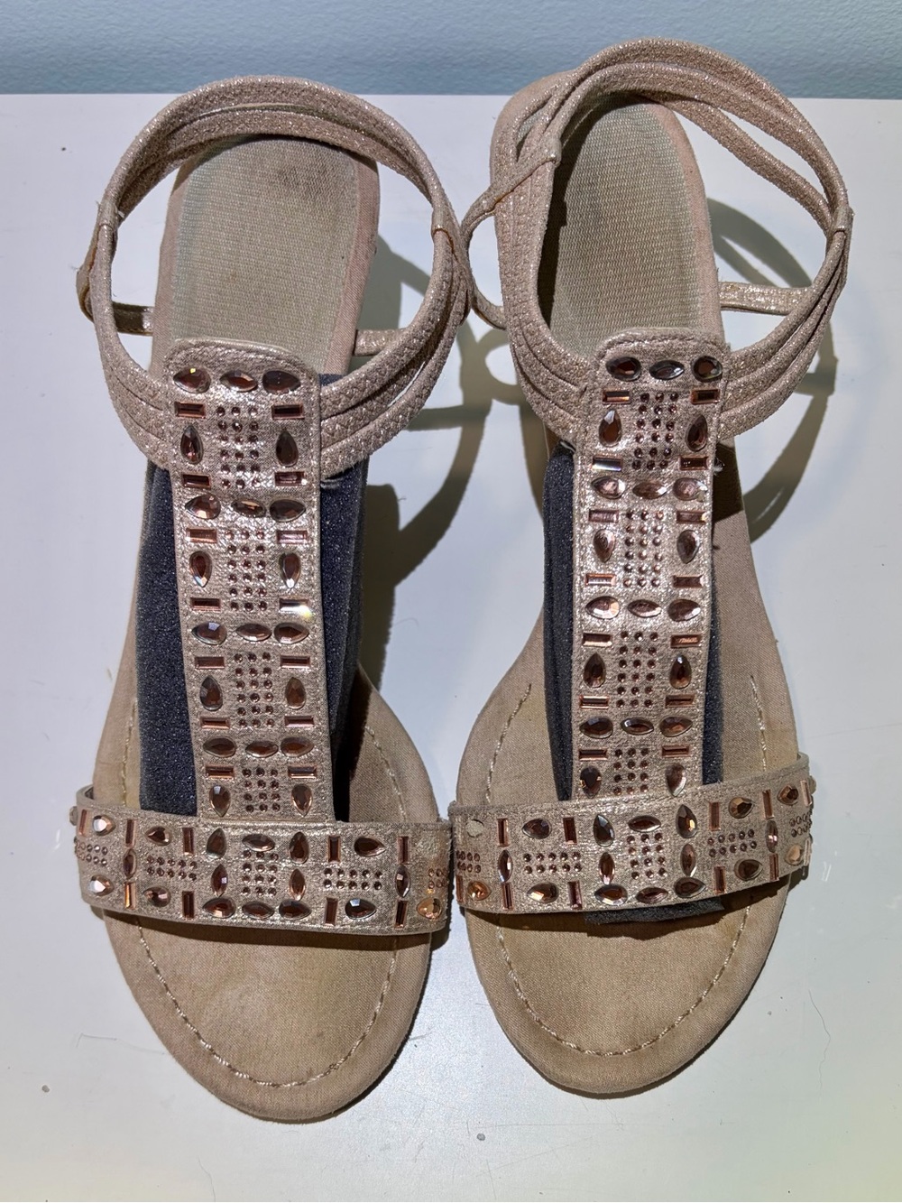 Rose Gold Rhinestone & Crystal Embellished T-Strap Sandals in Gold.  Size 9